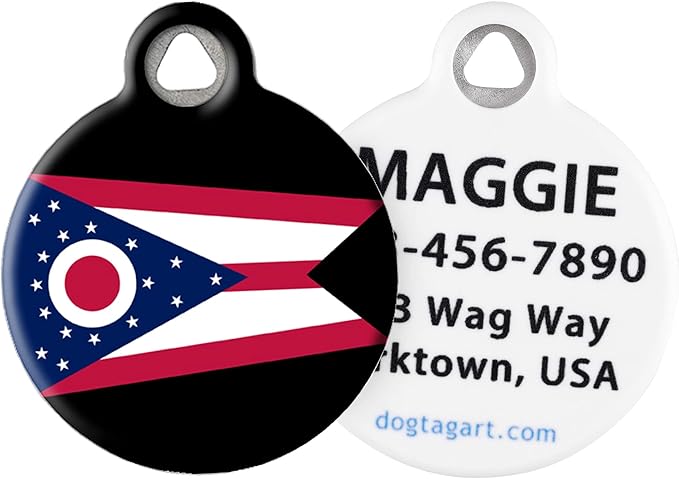 Dog Tag Art Ohio State Flag Personalized Pet ID Tag for Dogs and Cats, Silent Polymer Coated Stainless Steel Ohioan Flag Nametag with Customized Identification Information - Small .875" Diameter