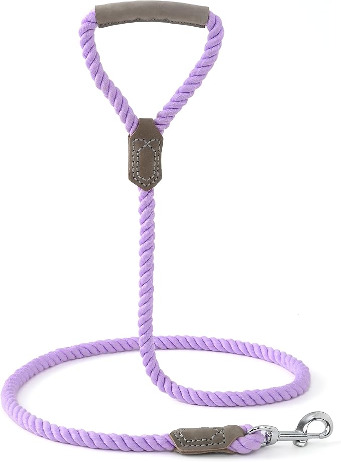 Mile High Life Dog Leash, Braided Cotton Rope Leashes with Leather Handle - Heavy Duty Metal Clasp, 5FT, 1/2" Thick - Wedding, Walking & Training Leash for Small Medium Large Dogs (Purple)