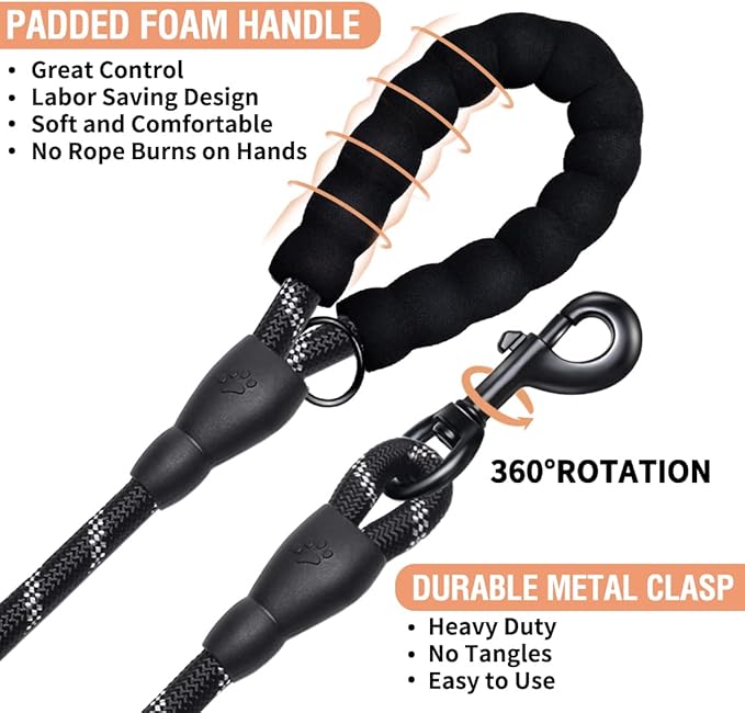 COOYOO 2 Pack Dog Leash 6 FT Heavy Duty - Comfortable Padded Handle - Reflective Dog Leash for Medium Large Dogs with Collapsible Pet Bowl Set 7-Black+Orange