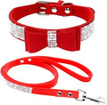 Cute Dazzling Sparkling Elegant Fancy Soft Suede Leather Bling Rhinestone Crystal Jeweled Pet Cat Dog Puppy Collar Dog Leash Combo Set (XS(Neck8-10), Red-1)