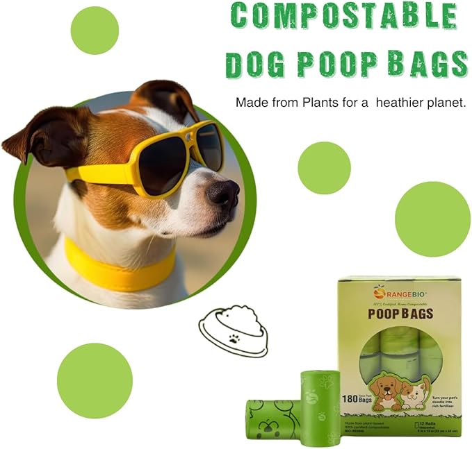 OrangeBio Dog Poop Bags with Handles, 100% Certified Home Compostable, 13 x 9 Inches - 180 Count (15 Bags per Roll, 12 Rolls), OK Compost Home