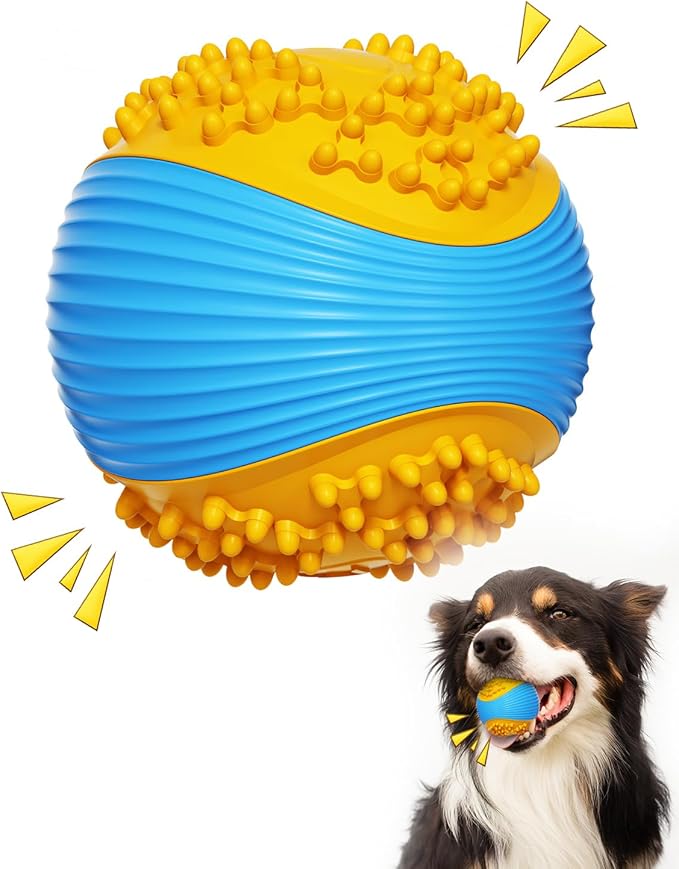 Dog Squeaky Chew Ball for Aggressive Chewers Food Grade TPR, Indestructible Design Dental Cleaning Toy, Anti Choking Fetch Ball for Small Medium Large Dog, Long Lasting Interactive Play Blu
