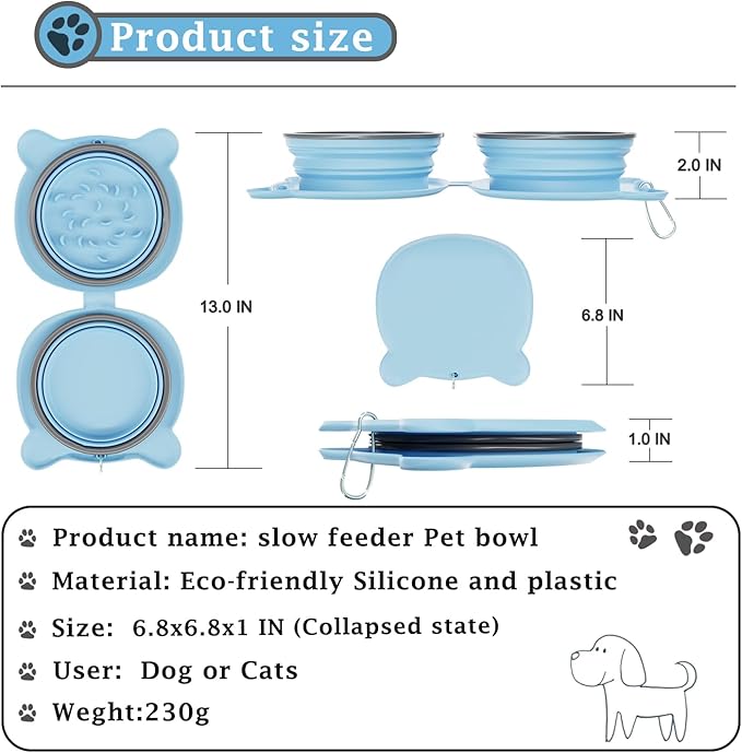 Dog Bowls Pet Collapsible Slow Feeder Outdoor, Dog Travel Bowls Portable Foldable Cat Water Dish Bowl for Pets Walking Parking Camping (Gray(Two Bowl Slow Feeder))