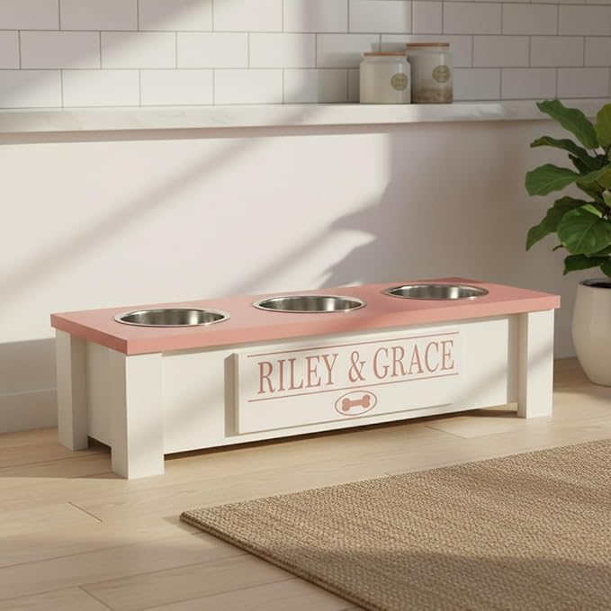 GTW Personalized Elevated Triple Dog Bowl Stand for Large, Medium, Small, X-Small Dogs - 3 Stainless Steel Food and Water Bowls - Raised Dog Dish with Internal Storage (Small, Pink)