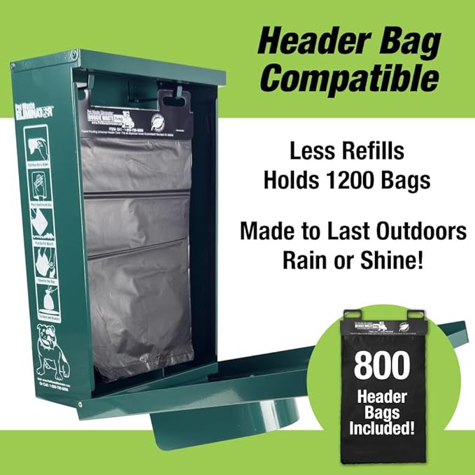 Outdoor Dog Poop Bag Dispenser - Includes 800 Header Bags - Wall/Pole/Fence Mount - Durable Rustproof Aluminum with Lock & Rainguard (Green)