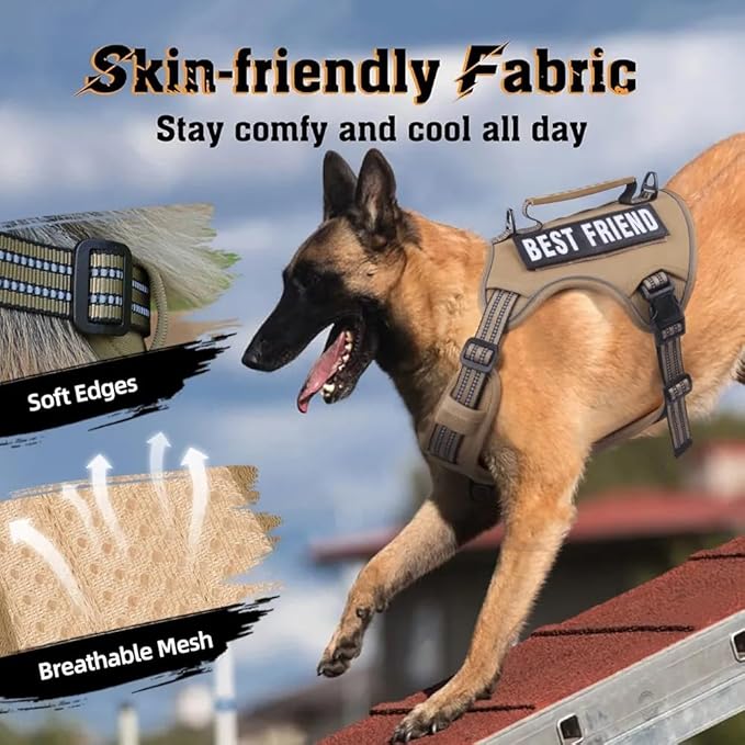 Tactical Dog Harness with Leash for Large Dogs, No Pull Adjustable Dog Harness, Reflective K9 Working Pet Vest for Walking, Training (Khaki, S)