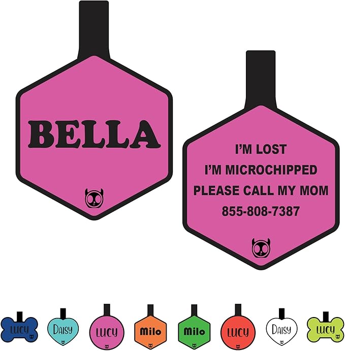 Silicone Silent Dog Tag Personalized with 5 Lines of Custom Deep Engraved Durable Soundless Pet ID Name Tag Hexagon Pink