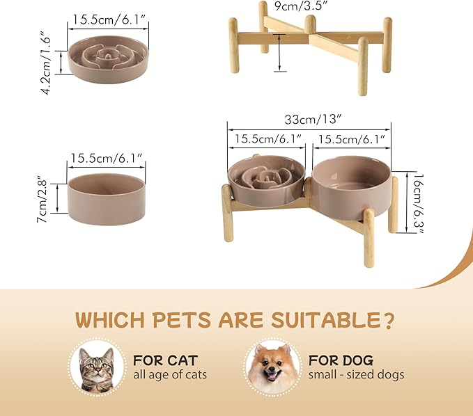 Ceramic 0.9 Cup Raised Slow Feeder Dog Bowl Set, Elevated 6.1inch Water Bowl and 6.1inch Slow Dish with Wooden Stand for Small Dogs(2 x Brown Coffee+ Stand)