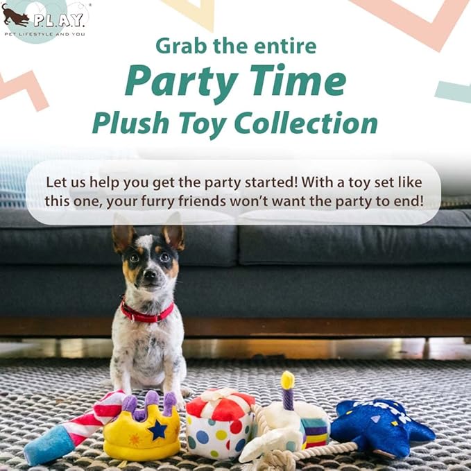 P.L.A.Y. Cute Plush Dog Toys - Birthday Party Celebration Themed Durable Squeaker Chew Toy, Great for Puppies & Small, Medium, Large Dog - Machine Washable, Recycled Material (Pawfect Present, Medium)