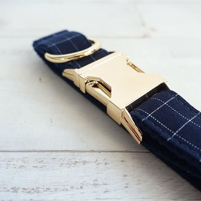 PETDURO Personalized Windowpane Plaid Dog Collar Blue - Engraved Name and Phone Number on Gold Metal Buckle - Custom for Small Medium Large Boy Girl Dogs - Add Leash Bow Tie via Customize Now