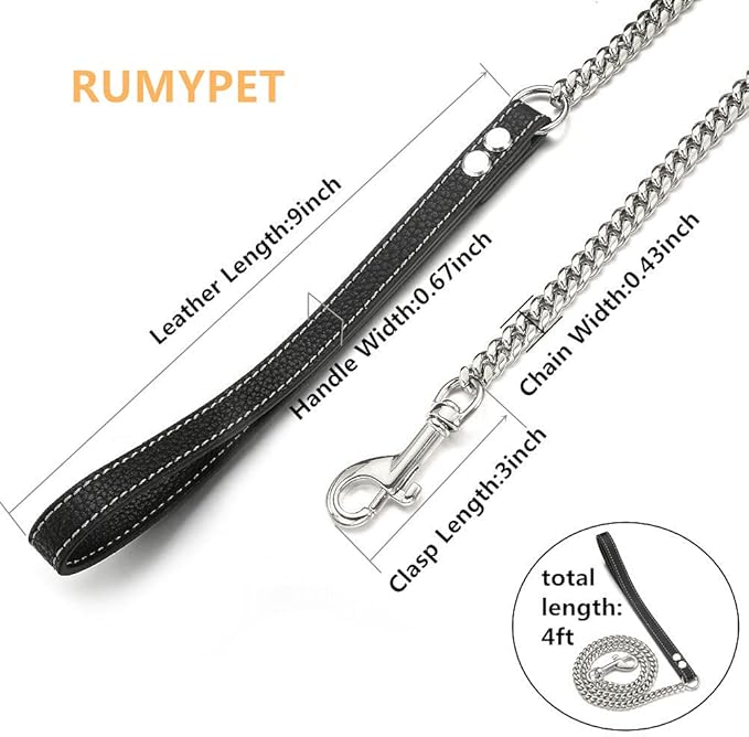 3FT/4FT/5FT Heavy Duty Silver Dog Chain Leash 10MM Stainless Steel Miami Cuban Link Chain with Durable Genuine Leather Handle for Training Walking(10mm,4ft)…