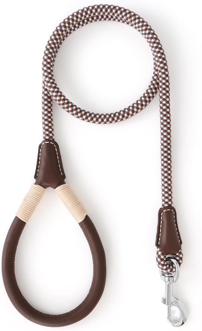 Mile High Life Genuine Leather Wrapped Handle Dog Leash, w Heavy Duty Clasp Rope Leash for Small Medium Large Dogs (Brown, 5FT)