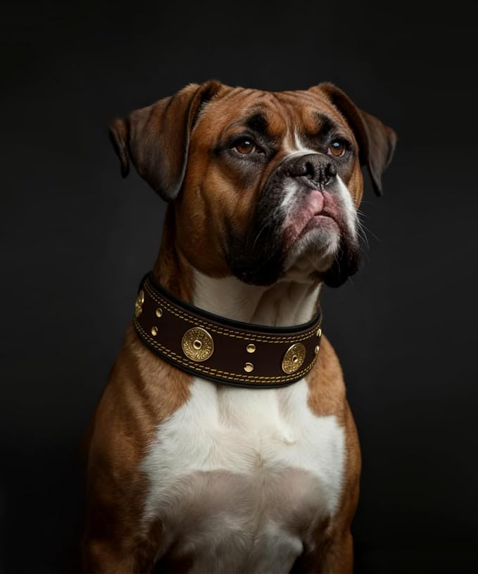 Leather Dog Collar, 2 inches Wide Heavy Duty Genuine Leather Collars, Handmade, Soft, and Luxury, Eye-catching Best Choice for Large and Medium Breed Dogs,Brown-Gold 18.5-22.5 in