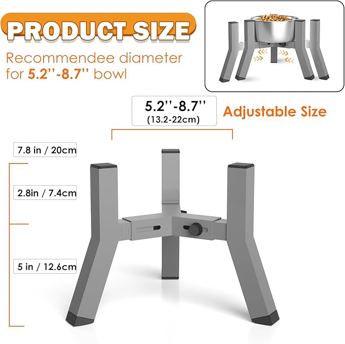 SHAINFUN Raised Dog Bowl Stand, Adjustable Width 5.2-8.66'', Eelevated Dog Food Water Bowls, 7.8'' Tall, Grey-Bowl Not Included