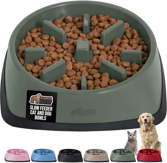 GORILLA GRIP Patented BPA Free Slow Feeder Dog Bowls, Interactive Puzzle Toy for Dogs and Cats Food Training Enrichment, Keeps Pets Busy and Prevents Puppy Overeating, All Breeds, 2 Cup, Sage Green