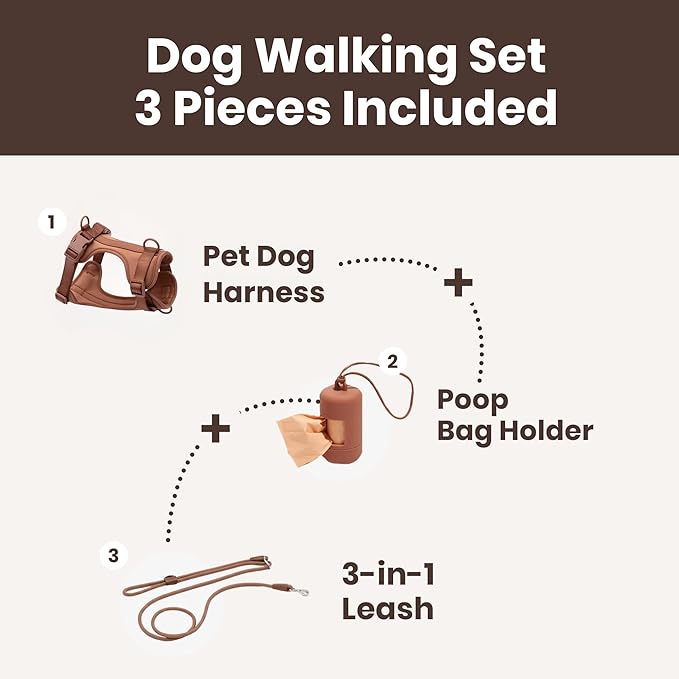 No Pull Dog Harness and Leash Set 3-in-1, Adjustable Anti Pull Dog Puppy Harness with Hands-Free Matching Leash and Poop Bag Holder, Easy Walk Dog Harness Medium, small Sized Dog (Cocoa)