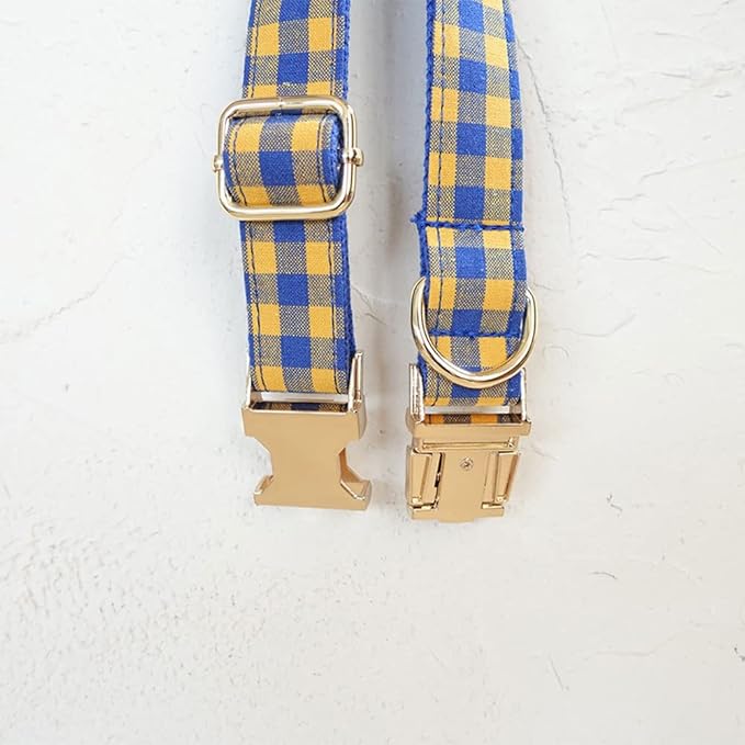 PETDURO Personalized Checkered Plaid Dog Collar Blue Yellow - Engraved Name and Phone Number on Gold Metal Buckle - Custom for Small Medium Large Boy Girl Dogs - Add Leash Bow Tie via Customize Now