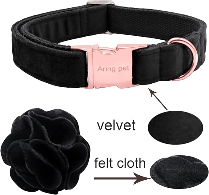 ARING PET Velvet Dog Collars, Black Soft Pet Collar with Detachable Felt Flower Metal Buckle for Puppy Small Medium Large Boy Girl Dogs-S