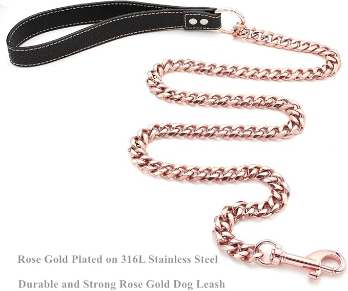 Rose Gold Dog Leash 15mm Cuban Link Chain Dog Leash Durable Stainless Steel Metal with Leather Handle for Small Medium Large Dogs 3FT/4FT/5FT(15mm,4ft)…