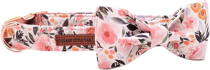 Elegant little tail Pink Floral Dog Collar, Girl Dog Collar with Bow Adjustable Soft Bow tie Dog Collars for Large Dogs