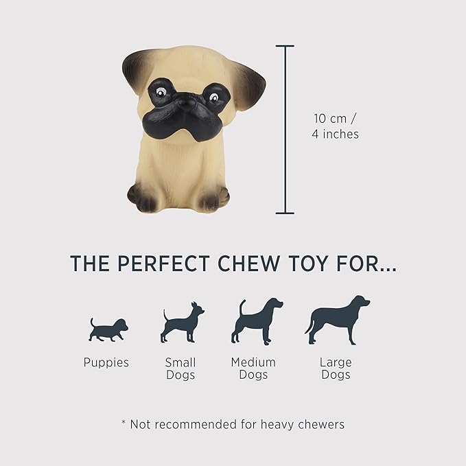 Hevea Pug Breed Collection Dog Chew Toy - Natural Rubber Teething Toy for Puppies, Small, Medium and Large Dogs - Sore Gum Relief & Keeps Dogs Busy