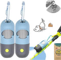 Dog Poop Waste Bags Holder with LED Flashlight|Cute Doggie Poo Bags Dispenser for Pet Leash|Trash Waste Bags Carrier with Potty Bags Clip Fastener LR44 Button Cells Included(2 Pack) (Sky Blue)