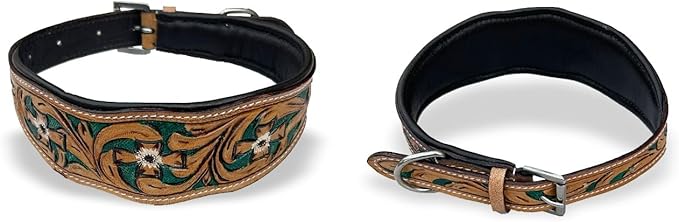 Majestic Ally Leather Dog Collar with Adjustable, Padded Fit for Walking, Hiking, and Running, Designer Western Wear for Puppies, Fancy Colors (Hunter Green - Natural, Extra Large)