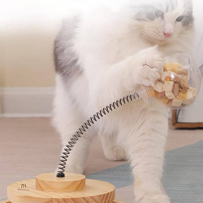 Marchul Cat Ball Toy with Treat Ball, Kitten Treat Dispenser with Roller Track Catnip Balls, Interactive Cat Toys Wooden for Indoor Kitten, Food Toy with Automatic Slow Feeder