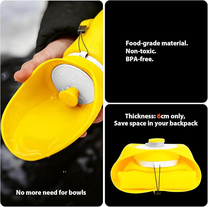 Portable Dog Water Bottle, 2-in-1 Leak Proof & Collapsible Silicone Pet Dispenser with Built-in Bowl, Food Grade Travel Cup for Walking, Hiking (19oz/550ml, Yellow)