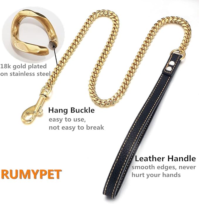 3FT/4FT/5FT Heavy Duty Gold Dog Chain Leash 10MM Stainless Steel Miami Cuban Link Chain with Durable Genuine Leather Handle for Training Walking(10mm,3ft)…