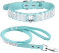 Cute Dazzling Sparkling Elegant Fancy Soft Suede Leather Bling Rhinestone Crystal Jeweled Pet Cat Dog Puppy Collar Dog Leash Combo Set (M(Neck 12.5-15"), Light Blue-5)