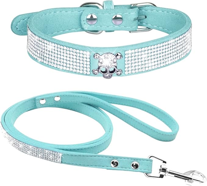 Cute Dazzling Sparkling Elegant Fancy Soft Suede Leather Bling Rhinestone Crystal Jeweled Pet Cat Dog Puppy Collar Dog Leash Combo Set (M(Neck 12.5-15"), Light Blue-5)