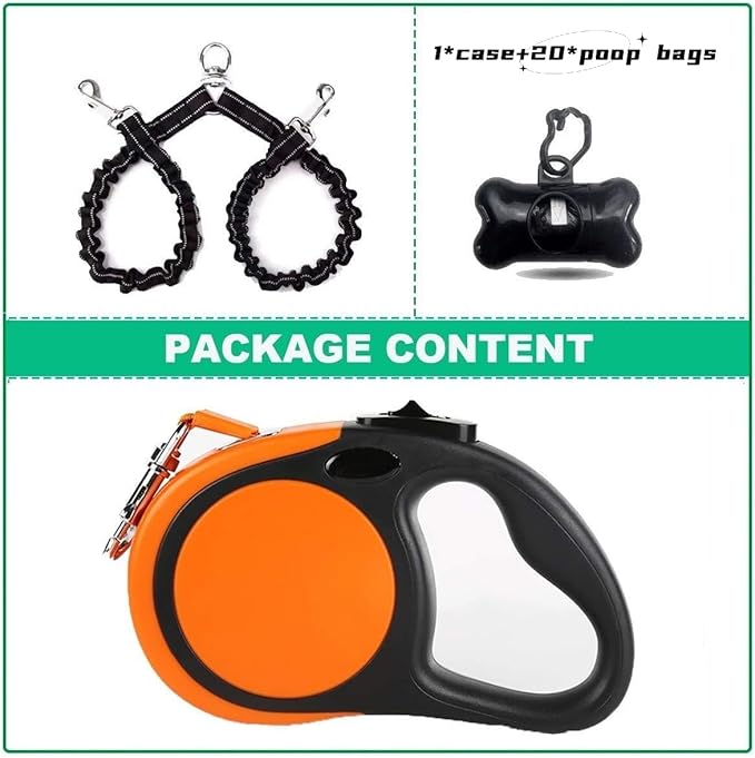 Dual Retractable Dog Leash Small Breed (Up to 110 Lbs Each) - Double Headed 16 ft Extendable Pet Leash with Poop Bags, Reflective Elastic Rope - One Key Control, 360° Tangle-Free (Orange, Large)