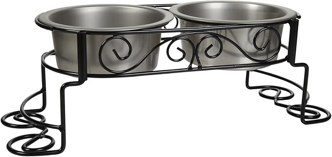 SPOT Mediterranean Double Diner Elevated Dog Bowls – Raised Feeder with Stainless Steel Bowls – 1 Pint Capacity per Bowl (2 Cups Total) – Promotes Better Digestion – Decorative Metal Stand, Black