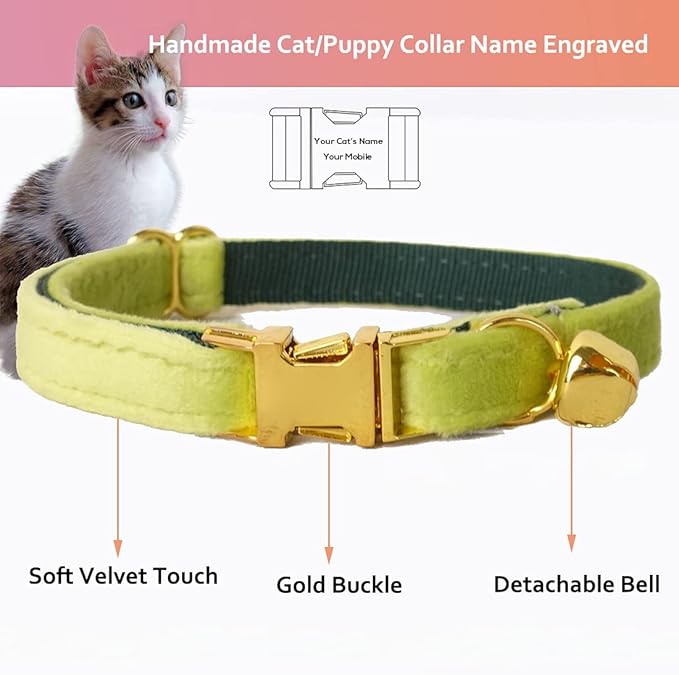 Cat Collar Personalized with Name Engraved and Bell, Customized Velvet Collars for Puppy Kittens (Moss Green, S)