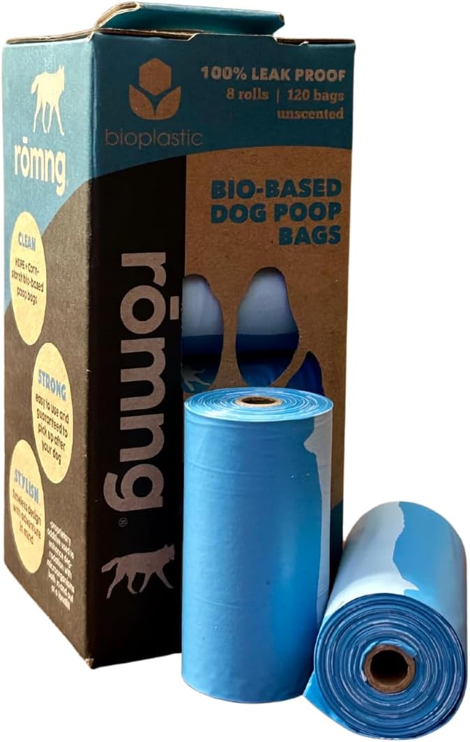 Bio-Based Dog Poop Bags, Unscented, Leak-Proof, Cornstarch Blend, 8 Rolls, 120 Bags, Blue