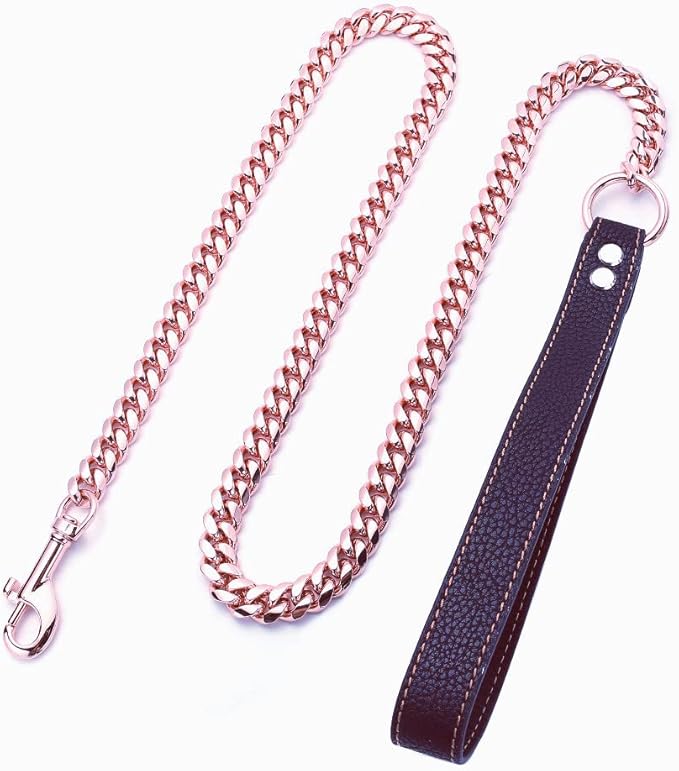 Rose Gold Dog Chain Leash 10MM 14MM Curb Cuban Link Chain Dog Leash Strong Chew Proof Stainless Steel Leash 3FT/4FT/5FT for Small Medium Large Dogs(14mm,3ft)…