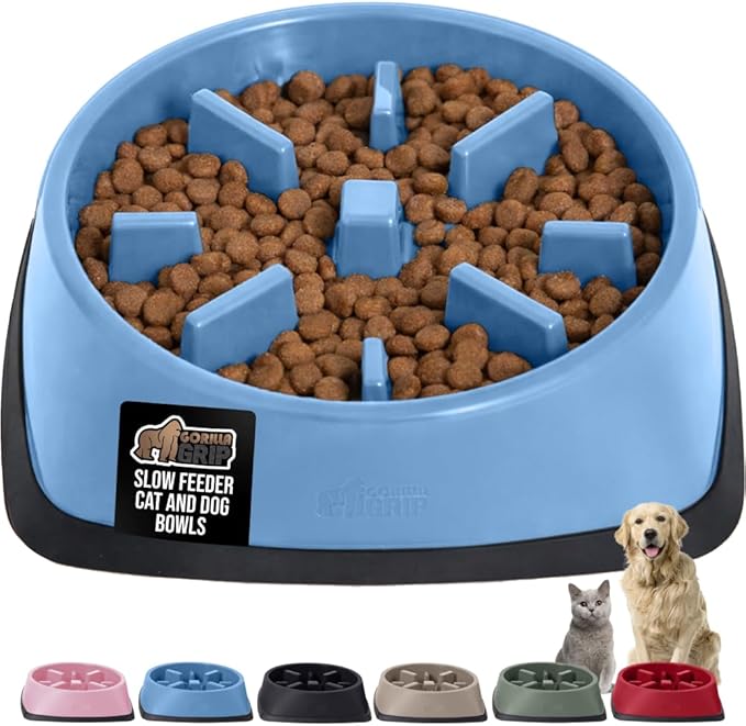 GORILLA GRIP Patented BPA Free Slow Feeder Dog Bowls, Interactive Puzzle Toy for Dogs and Cats Food Training Enrichment, Keeps Pets Busy and Prevents Puppy Overeating, All Breeds, 2 Cup, Light Blue