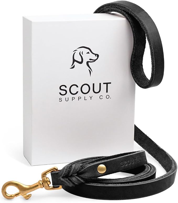 Scout Supply Classic Leather Dog Leash | Strong Heavy Duty Thick Full Grain Leather | Waterproof & Rust-Proof Brass Hardware (Black, M: 4.5 ft x 1/2 in)