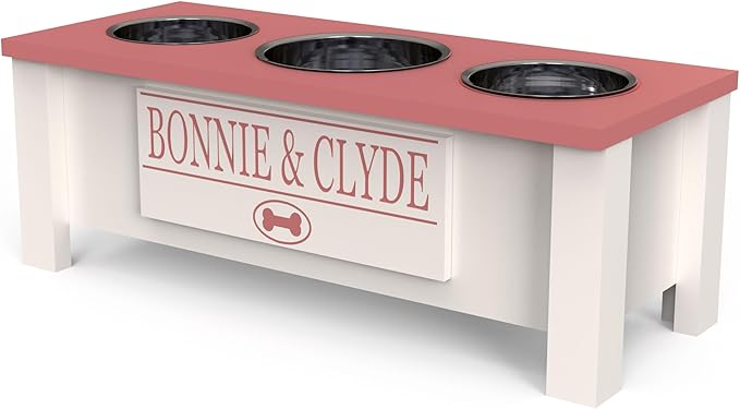 GTW Personalized Elevated Triple Dog Bowl Stand for Large, Medium, Small, X-Small Dogs - 3 Stainless Steel Food and Water Bowls - Raised Dog Dish with Internal Storage (Medium, Pink)