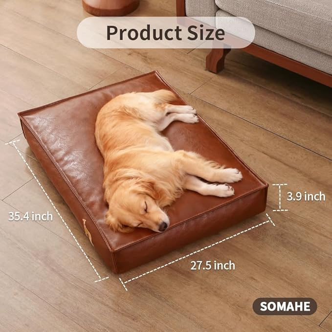 Dog Bed Medium Size Dog Orthopedic Beds for Small Dogs with Removable Washable PU Leather Cover Waterproof Brown 35.4×27.5×4inch