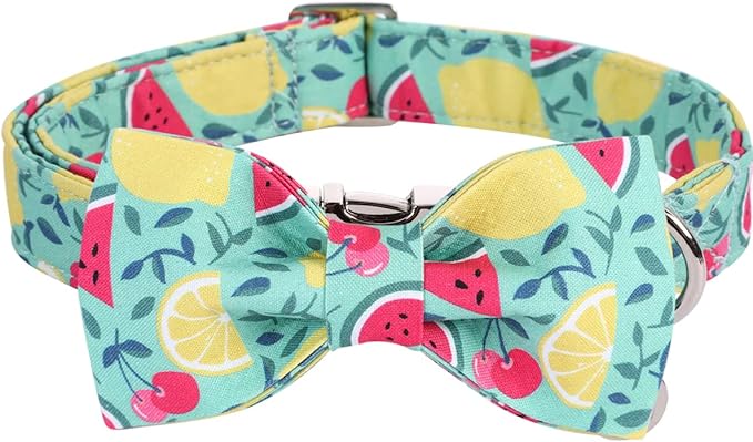 DOGWONG Cotton Summer Dog Collars, Lemon Bowtie Dog Collar, Adjustable Heavy Duty Girl Dog Collar with Bow for Small Medium Large Dogs,L
