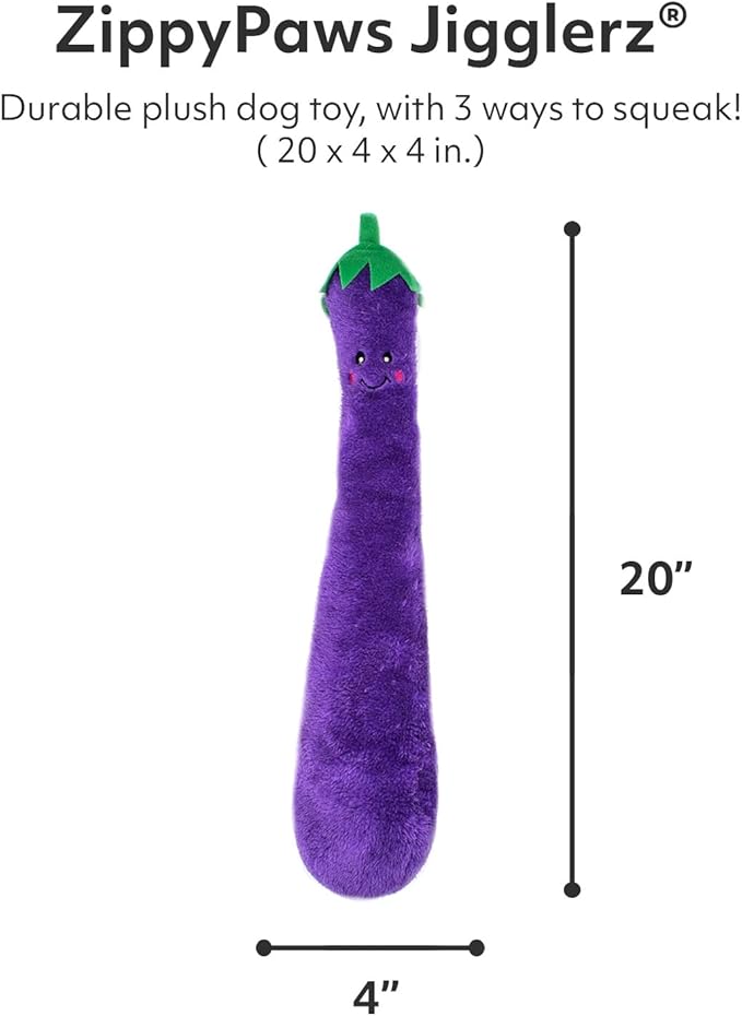 ZippyPaws Jigglerz - Dog Squeaky Toys to Keep Them Busy, Funny Food Plush for Small, Medium, & Large Dogs, Cute Stuffed Puppy Toy, Pet Products, Gift for All Breeds, Interactive Squeaker - Eggplant
