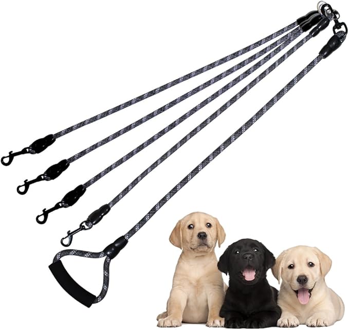 Dual Dog Leash 360° Tangle-Free - Reflective Heavy Duty, Comfortable Handle for Small/Medium/Large Dogs, Support Multiple Rope Addition (Black 1, Four Leashes)