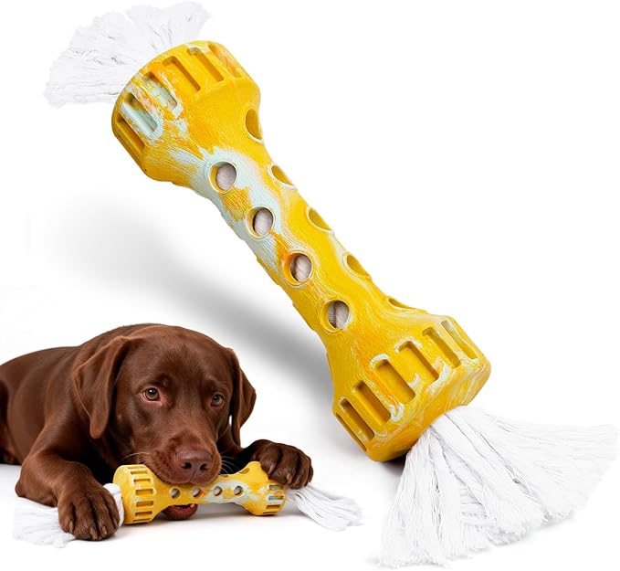 Durable Rubber with Pure Cotton Tassels for Medium and Large Breeds, Indoor Dog Chew Toy for Boredom Buster, Outdoor Fetch and Chase Toy for Excess Energy Relief, Cream Flavor, Yellow/White