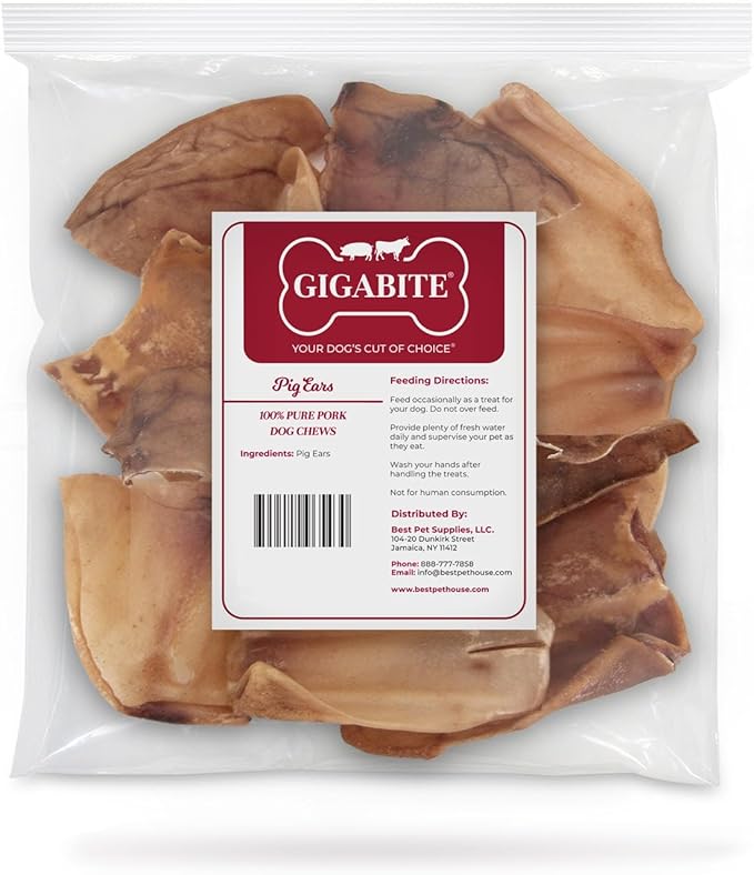 Best Pet Supplies GigaBite Roasted Pig Ears for Dogs - Natural Dog Chews, Roasted Pigs Ears, Safe for Puppies and Aggressive Chewers, Cleans Teeth and Gums - Whole Ears, Pack of 12