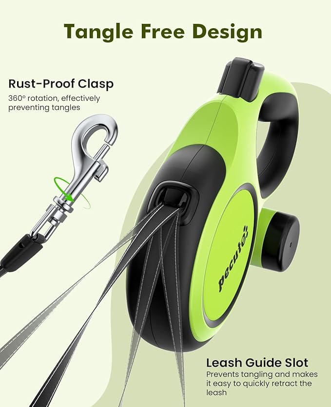Pecute16ft Retractable Dog Leash with Chew Proof Extender 18'', Lightweight Dog Retractable Leash with Poop Bag Holder, Anti-Slip Grip, Leashes for Puppy and Medium Dogs 11lbs-66lbs (Green)
