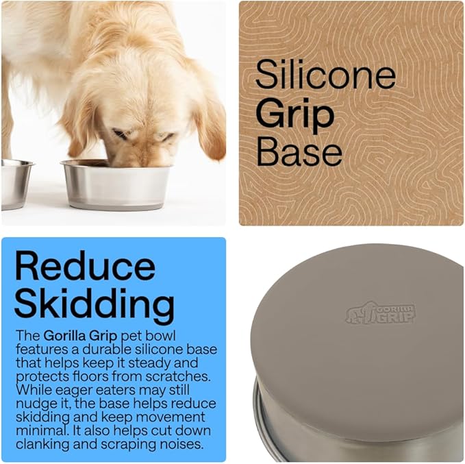 GORILLA GRIP Dog Bowls, Heavy Duty 304 Stainless Steel, Holds 6 Cups Each (48 fl oz) Food and Water Bowl for Feeding Dogs and Cats, Dishwasher Safe, Rust Resistant, BPA Free Rubber Base Set of 2 Beige