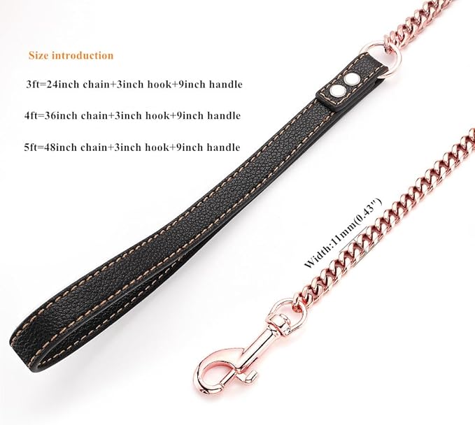Rose Gold Dog Leash 11mm Cuban Link Chain Dog Leash Durable Stainless Steel Metal with Leather Handle for Small Medium Large Dogs 3FT/4FT/5FT(11mm,5ft)…