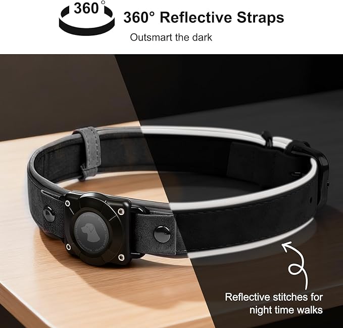 Leather AirTag Dog Collar - IPX8 Waterproof Dog Collar with AirTag Holder|Reflective, High - End, Adjustable Soft Padded |Dog GPS Collar Tracker Fit for Medium Large Dogs (BLACK,M）